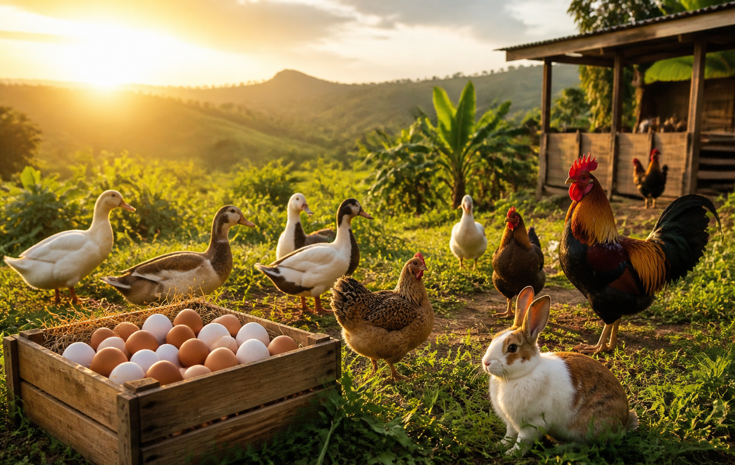 Ducks, chickens, and a rabbit on the green KnQ Farms pasture with a crate of fresh eggs